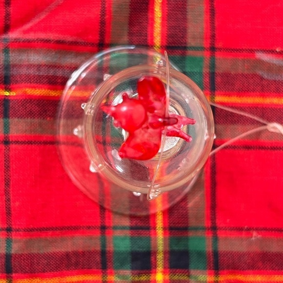 Clear Glass Bell Ornament with red bird on top polka dot glass hanging - Picture 2 of 4